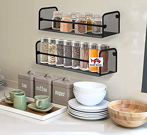 Wall Mounted Kitchen Rack | Multipurpose Metal Organizer Shelf for Jars, Spices & Bottles | Space Saving Kitchen Items Storage Rack (Set of 2, Black)