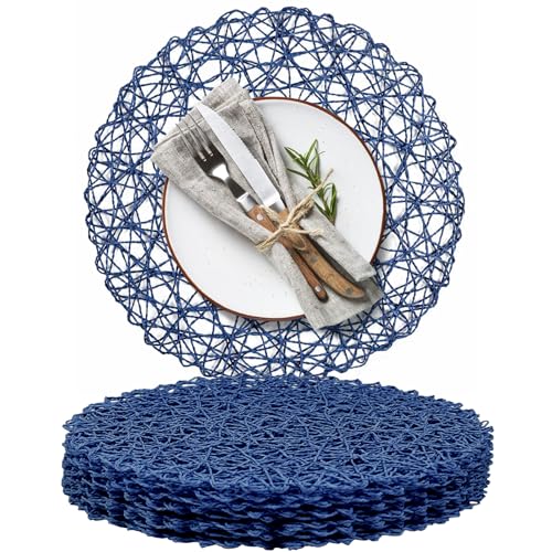 AHHFSMEI Paper Braided Round Placemats Set of 8 Natural Non-Slip Heat Resistant Table Mats for Dining Tables Farmhouse Woven Indoor Outdoor Place mats (Blue,8)