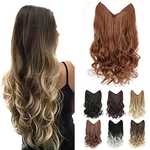 GIRLSHOW Halo Synthetic Hair Extensions 24 Inch 4.8 Oz Curly Wavy Long Invisible Transparent Wire Adjustable Size Heat Resistance Fiber No Clip Hairpieces for Women (Light Auburn -#42, 24 Inch)