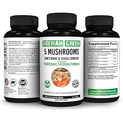 Siberian Green 5 Mushrooms Lions Mane Chaga Shiitake Maitake Reishi - 60 Capsules Cover