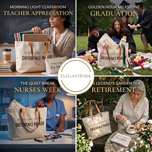 Image of ELEGANTPARK Appreciation Gifts for Women, Difference Maker Canvas Tote Set | Large zip-top tote with interior zip pocket for coworker, employee, volunteer, mentor, office assistant and farewell gifts