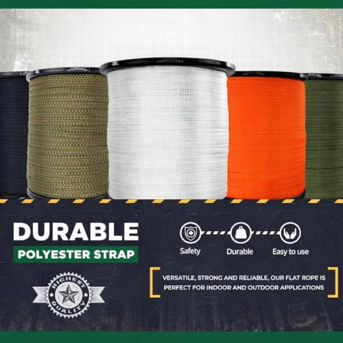 Polyester Webbing - Durable Flat Rope, Rapid Rope, Wire Pulling Rope - Heavy-Duty, All-Weather Pull Tape for Gardening, Hiking, Camping, Survival, and Commercial (5/8" x 500ft, OliveGreen) - Thumbnail 7