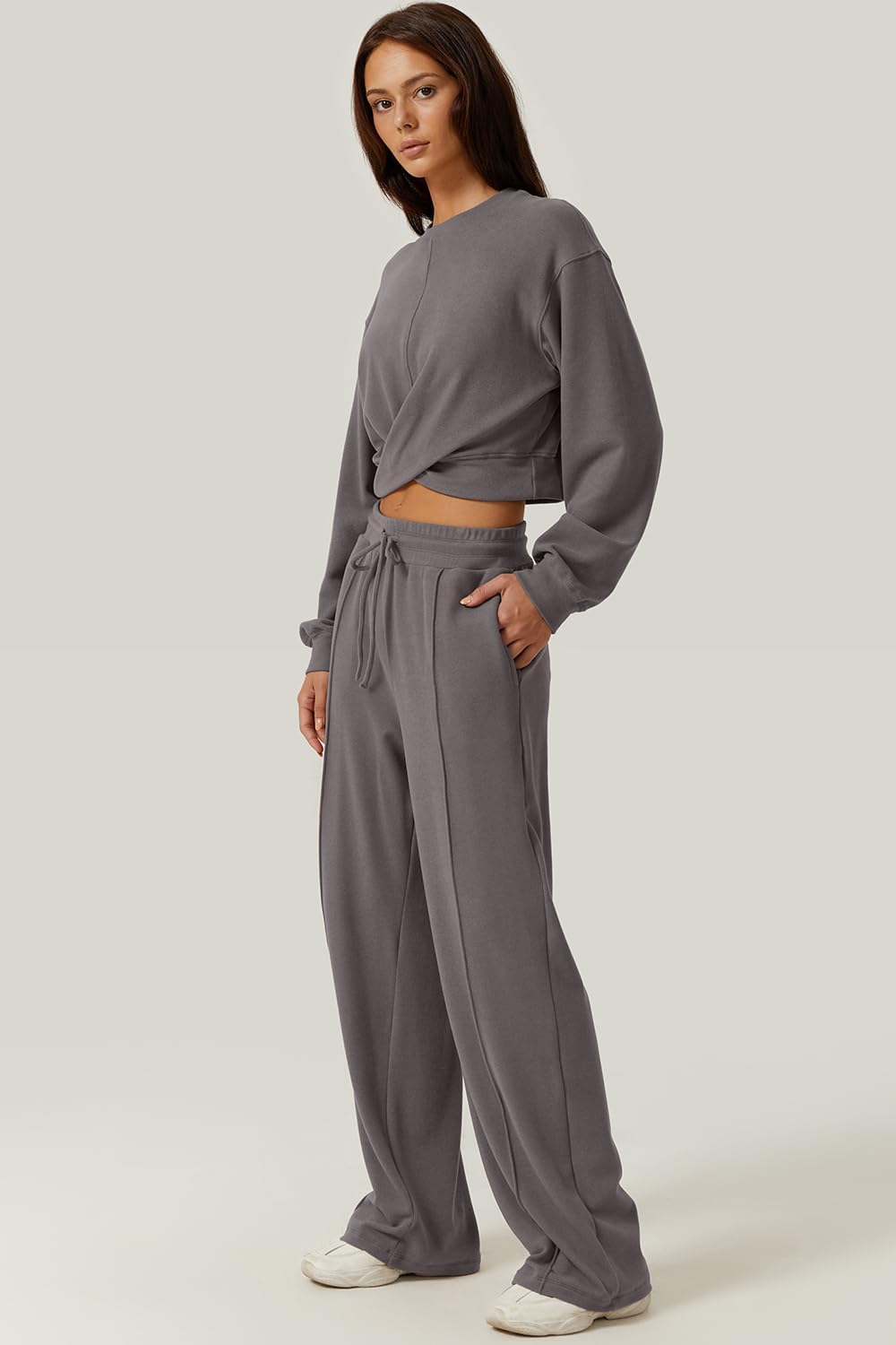 QINSEN Women 2 Piece Outfits Sweatsuit Set Twist Front Cropped Sweatshirt Wide Leg Sweatpant Lounge Set Tracksuit - Image 4