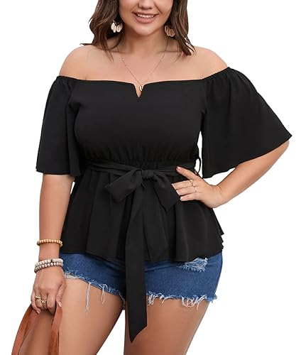 SCOMCHIC Women's Plus Size Off The Shoulder Peplum Blouse Top Half Bell Sleeve Tie Waist Ruffle Hem Babydoll Tops - 4X-Large Plus - Black