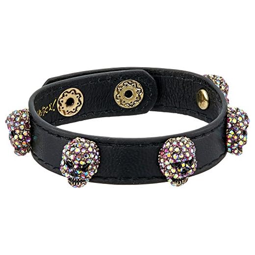 Betsey Johnson Halloween Black Leather with Multi-Color Stone Skulls Wrap Bracelet