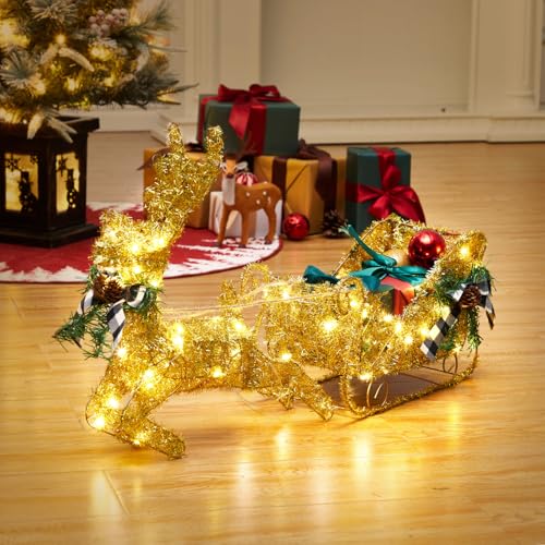 GarveeHome Gold Reindeer and Sleigh Set for Christmas Decorations, Metal Frame Christmas Elk Ornaments, Iron Xmas Centerpiece for Indoor Home Decor, Holiday Display