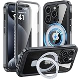 GUSTAVE Magnetic Stand for iPhone 15 Pro Case [Fit for Magsafe] [Built-in 9H Tempered Glass Screen Protector] Full-Body Shockproof Military-Grade Protective Case Black