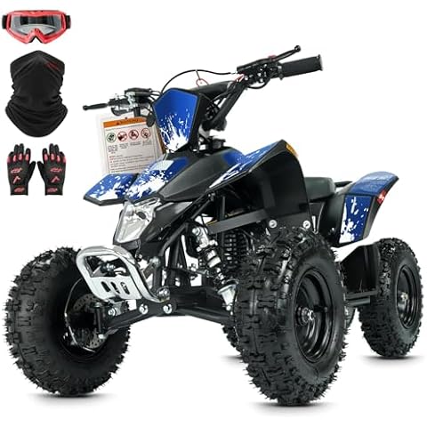 FRP Sahara 40 Kids Mini ATV, NEW 40 CC 4-Stroke 4 Wheeler with Gloves, Goggle and Neck Gaiter, Speed Control Kill Switch Weight Support Up to 143 LBS (BLUE-M) Cover