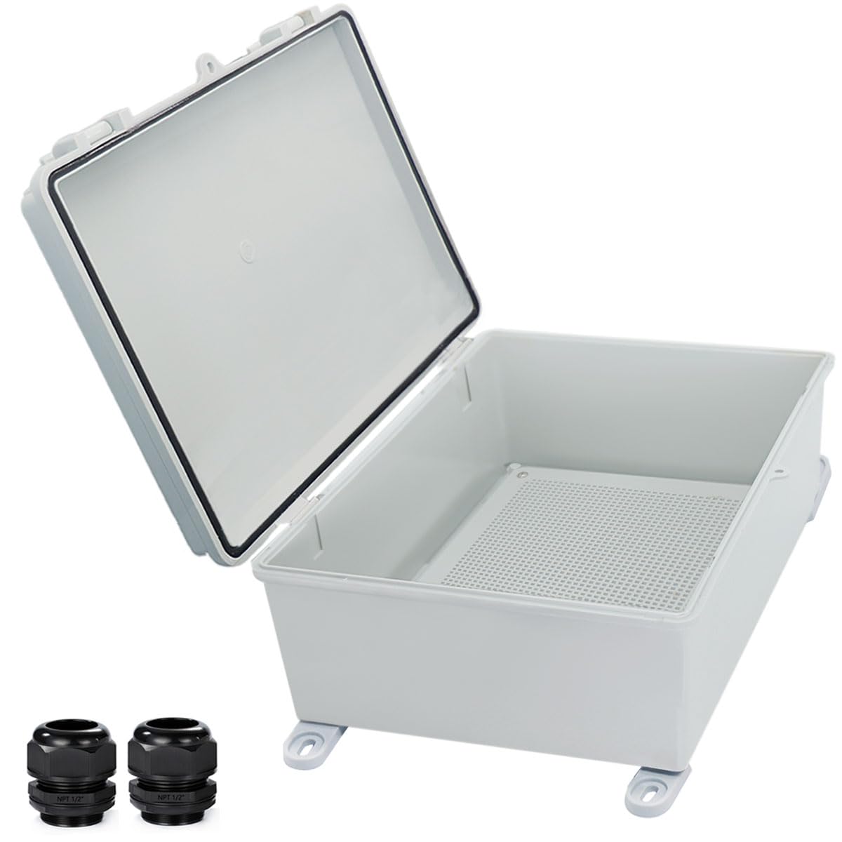 YETLEBOX Waterproof Electrical Box with Mounting Plate 390x290x160mm, IP67 Junction Box Hinged Grey Cover ABS Project Boxes for Electronics DIY Enclosure with Wall Bracket and 2 Glands