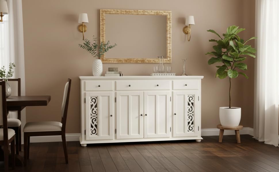 Image of APRODZ Solid Wood Sideboard Cabinet for Living Room | Wooden Storage Cabinet with 3 Drawers & 3 Doors | Kitchen Crockery Cabinet | Drawer Cabinet for Dining Room Bedroom & Home | 161x35x79 cm,White