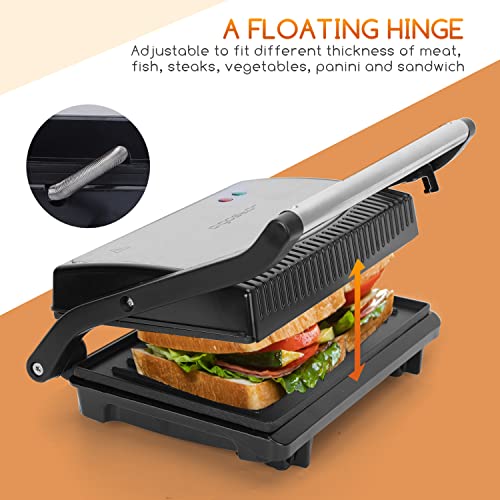 Aigostar Sandwich Toaster Panini Press, Deep Fill Toastie Maker, Electric Health Grill with Non-Stick Plates, 180° Flat Open, Stainless Steel, Easy to Clean, 800W - York