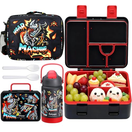 rockpapa Kids Bento Lunch Box Set with Insulated Water Bottle, Machine Dino