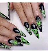 Halloween French Tip Press on Nails Long Coffin Green Ghost Fake Nails Spider Web False Nail Full...