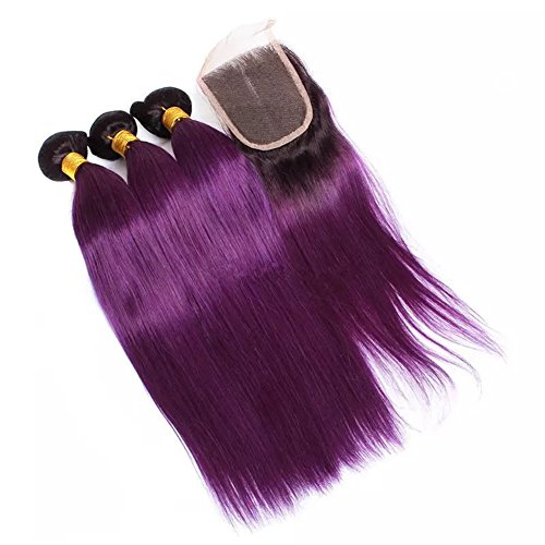 Tony Beauty Hair Straight 1B/Purple Dark Root Ombre Brazilian Human Hair Bundles 3Pcs With Closure 4Pcs Lot Ombre Purple 4X4 Lace Top Closure With Virgin Human Hair Weaves (12 With 12 14 16) #TOP2
