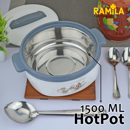 Image of 1500ml Ramila Brand Insulated Inner Steel Casserole for Roti, White | Hot Pot for Home | Hot Box for Kitchen |Chapati Box | Locks in The Cold & Heat for Long | Serving Bowl with Lid