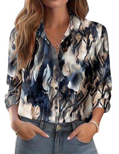 Zeagoo Blouses for Women Long Sleeve Floral Printed Party Tops Button Down Stretch Wrinkle Free Summer Party Vintage Hawaiian Fashion Shirt Blue Beige Abstract L