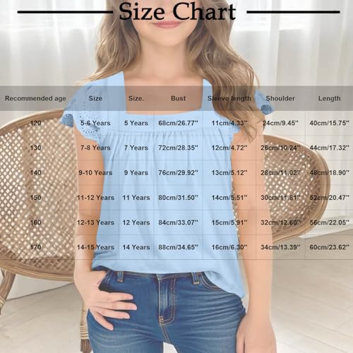 Girls Cute Hollow Ruffle Flutter Sleeve T-Shirts Casual Loose Pleated Square Neck Summer Tops for Kids 5-15 Years3