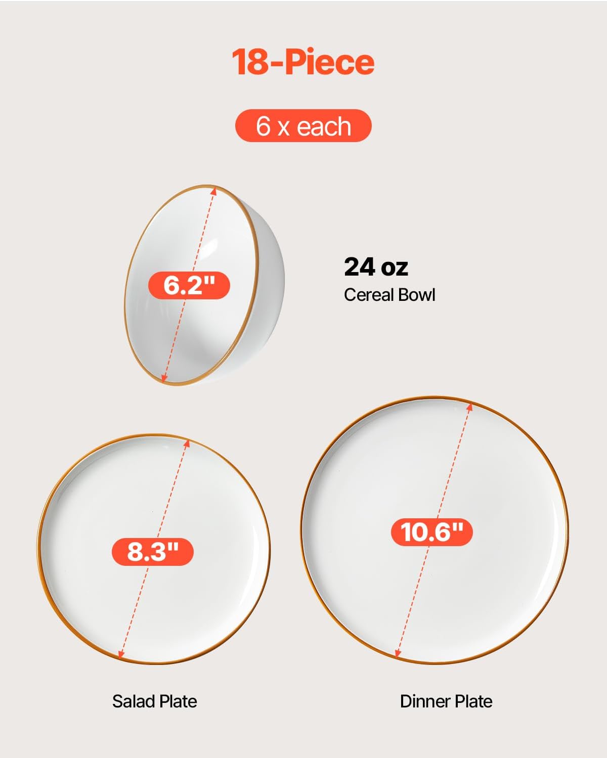 VEVOR Dinnerware Set, Service for 6 (18 PCS), Round Plates and Bowls Sets, Scratch Resistant Ceramic Dinner Ware, Dishwasher and Microwave Suitable Kitchen Dish, for Dessert Salad Soup Pasta, White 18 Pcs fot 6