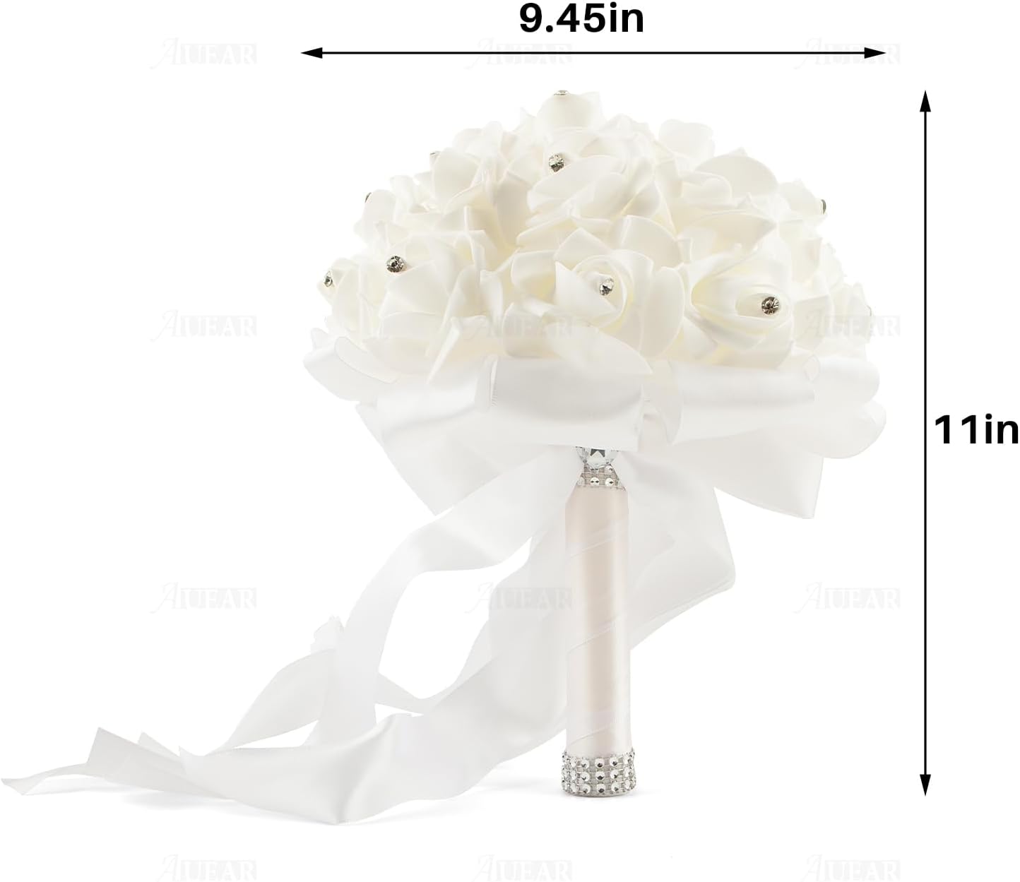 AUEAR, Wedding Bouquets Flower Bridal Bridesmaid Crystal Silk Artificial Rose for Bride Party and Church (White) - Image 2