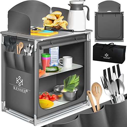 KESSER® Armoire de Camping, Cuisine de Camping avec Structure en Aluminium, Sac de Transport fourni, Armoire de Cuisine pour Camping, Meuble de Camping, Plein air, Gris