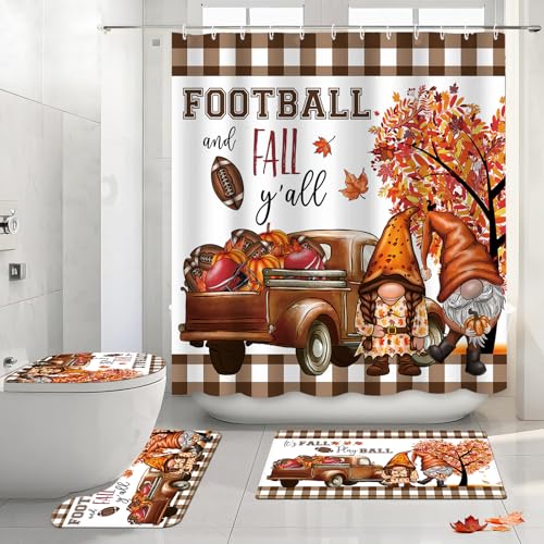 APROPHIC Fall Pumpkin Bathroom Sets with Shower Curtain and Rugs Football Gnomes Shower Curtain Sets with Bath Rugs Maple Leaf Gnomes Shower Curtains for Bathroom Decor