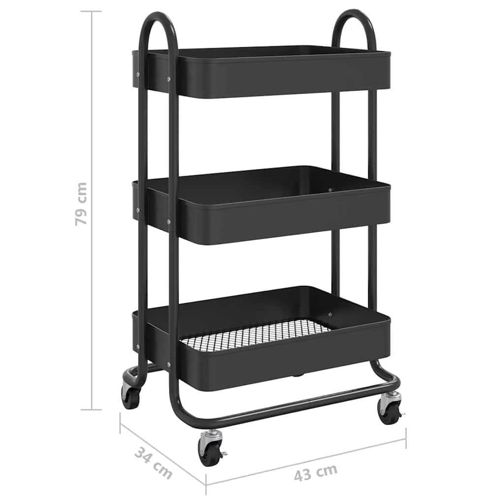 3-Etagen-Wagen Schwarz 43x34x79 cm Stahl Aufbewahrungswagen mit Rollen und Bremsen für Büro Küche Haushalt Organizer Lagerung
