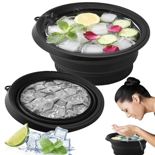Image of Clazkit Silicone Collapsible Face Bowl with Built-in Ice Tray, Modern Style, Black, Round, Dishwasher Safe, for Face Bath, Soaking, Washing | BPA-Free | for Men and Women (Free Hook 1-pic)