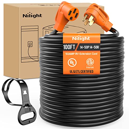 Image of Nilight 50 Amp 100FT RV EV Extension Cord 250V Heavy Duty 6 /3+8 /1 Gauge Pure Copper STW Wire UL ETL Listed 4 Prong Nema14-50P 14-50R 50F /50M Cable Suit for RVs EVs Trailer Campers