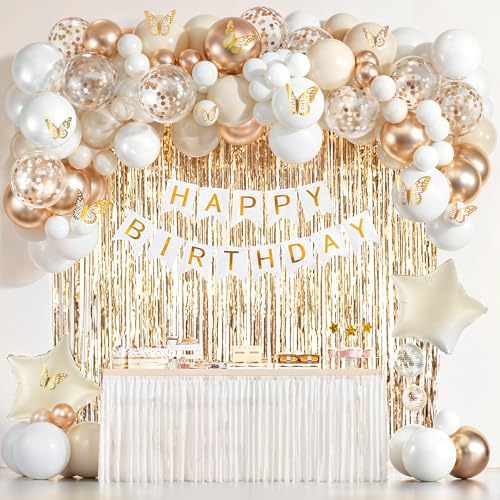 Image of Party Propz Golden and White Birthday Decoration Kit - 59 Pcs,Chrome & Confetti Balloons for Decor,Butterfly Birthday Theme Decoration, Banner, Fringe Curtains, Star Foil Balloon, 3D Butterfly Accent