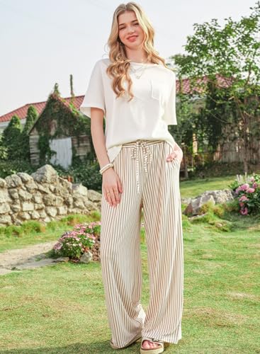 Image of Acelitt Women Casual Drawstring Elastic Waist Striped Wide Leg Pants with Pockets, S-XXL
