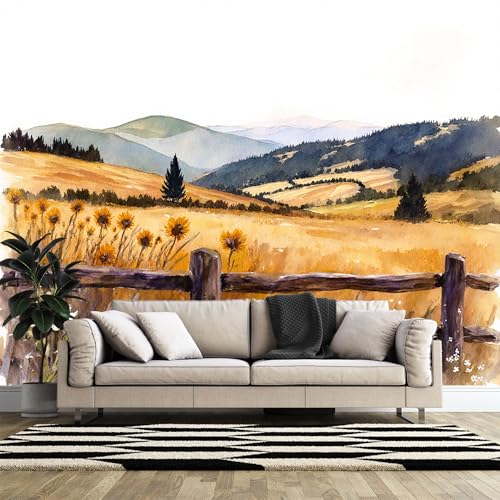 Carta da parati 3D stampata su misura, in stile casale, campagna, girasole, campagna, paesaggio montano, acquerello, stampa artistica autoadesiva (senza PVC), carta da parati rimovibile per