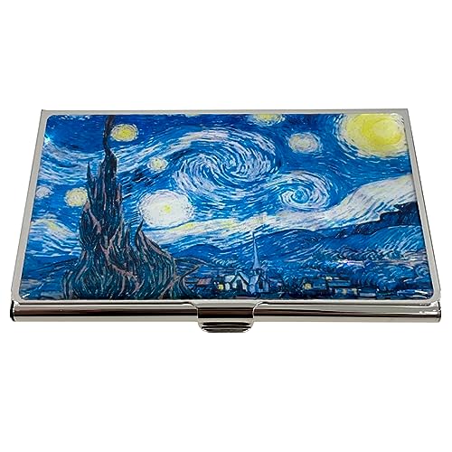 Image of Mother of Pearl Business Card Case Credit Id Name Holder Travel Wallet Art Painting Design Metal Stainless Steel Engraved Slim Purse Pocket Cash Money Wallet (Starry Night)