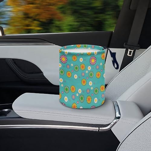 Image of Hippie Flower Cute Print Car Trash Can Reusable Foldable Hanging Portable Dustbin Bin Waste Basket Car Accessories Interior for Car SUV Trucks Universal