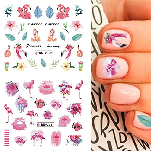 Flamingo Nail Art Stickers Water Transfer Nail Decals Summer Nail Art Decoration Palm Leaves Flowers Cactus Designs Acrylic Nail Stickers Manicure For Women Diy Nails 12 Sheets #TOP3