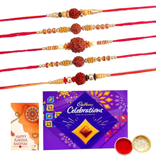 Image of Maalpani Set of 5 Rakhi - Chocolates - Rakshabandhan Chocolate Hamper for Brother - Facny Rakhis Set and Celebration Chocolates