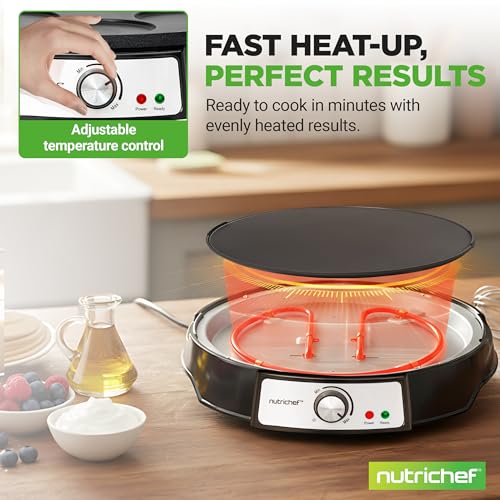 Electric Crepe Maker & Griddle Cooktop | Nonstick Reversible 12 Inch Hot Plate with LED Indicator Lights & Adjustable Temperature Control | Wooden Spatula & Batter Spreader NutriChef Included by NutriChef - Image 3