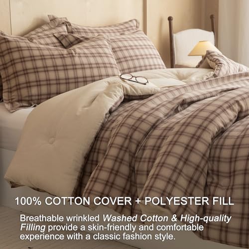 Image of Cyusri Cotton Plaid Full Comforter Set - Soft Lightweight Bedding 3 Pieces Dyed Bed Set with 2 Pillow Shams,Reversible All Season Farmhouse Down Alternative(Full Size 80 inchx90 inch Taupe Plaid)