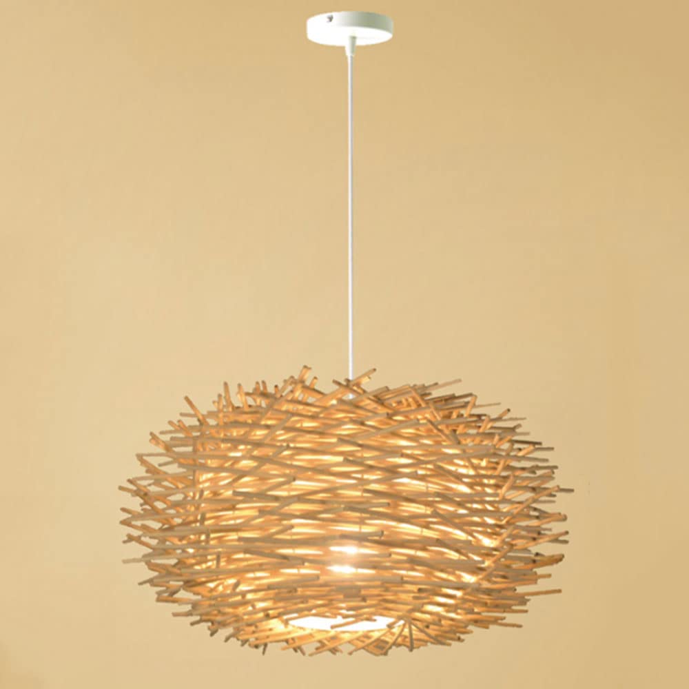 LYMSXAZOU Natural Bamboo And Rattan Woven Hanging Lamp Decorative Wicker Chandelier E27 Pendant Lighting Fixture Bird's Nest Lampshade Wooden Boho Decor For Kitchen Island Dining Farmhouse
