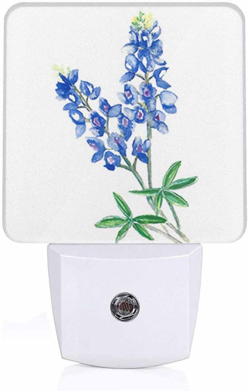 Led Night Light,Blue Texas Watercolor Bluebonnet Led Night Light Plug Into Wall with Dusk to Dawn Light Sensor White Energy Efficient Nightlight for Bedroom Hallway Living Room Kitchen