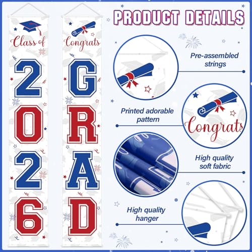 Image of Graduation Party Decorations Class of 2026, Graduation Decorations with Congrats Grad Banner Fringe Foil Curtain Paper Flower Ball Balloons for High School College Grad Party Supplies, Red Blue