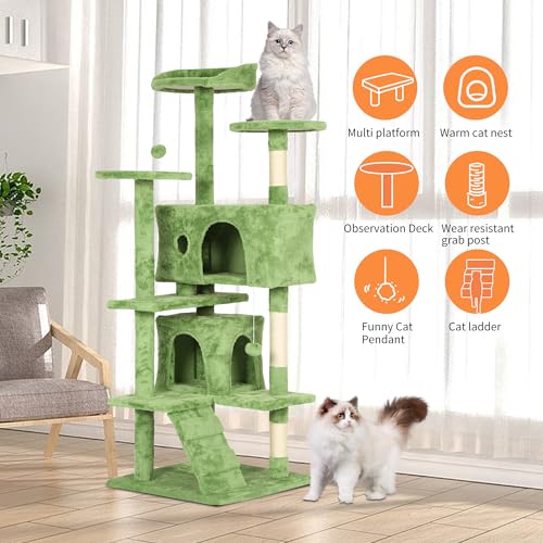 Image of BestPet 54in Cat Tree Tower for Indoor Cats,Multi-Level Cat Furniture Activity Center with Cat Scratching Posts Stand House Cat Condo with Funny Toys for Kittens Pet Play House,Green