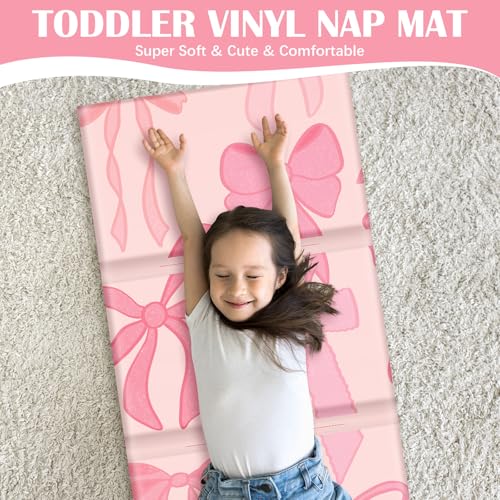Image of Shellwei Vinyl Nap Mat Kid Preschool Daycare Sleep Mat,Pink Bow | 1 inch Thickness, 45 inch x 19 inch x 1 inch, 4-section Softness Rest Mat, Suitable for Daycare Travel, and Home, Easy to Clean