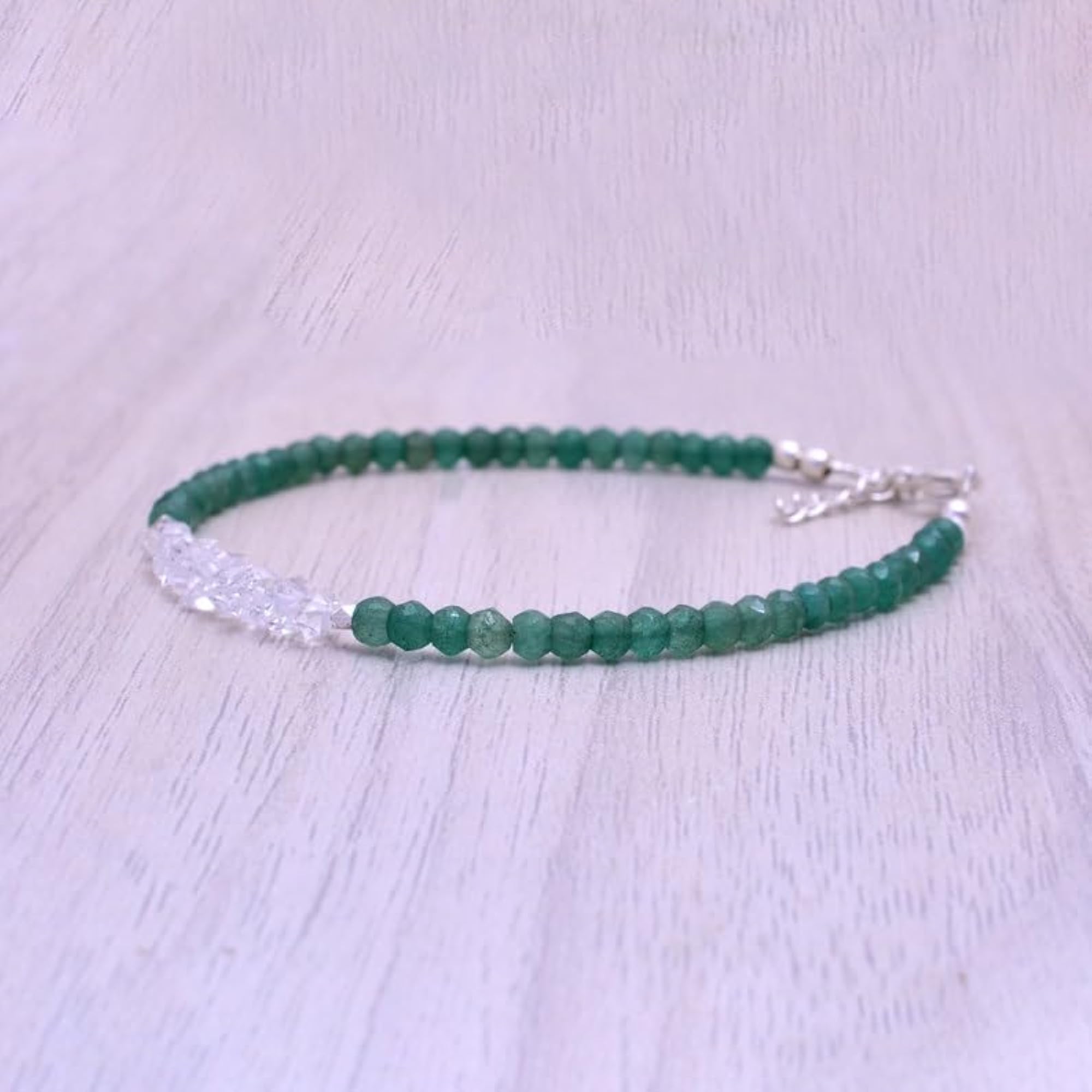 Herkimer Diamond & Green Jade 3-4mm Bracelet, Unisex Adjustable