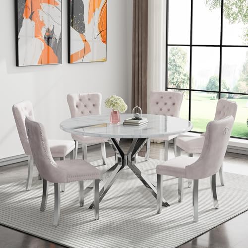 Image of 7-Piece Round Dining Table Set for 6, Modern Faux Marble Kitchen Table and Beige Velvet Chairs Set of 6, Luxury 45 inch Circle White Silver Dining Room Tables with Stainless Steel Cross Legs