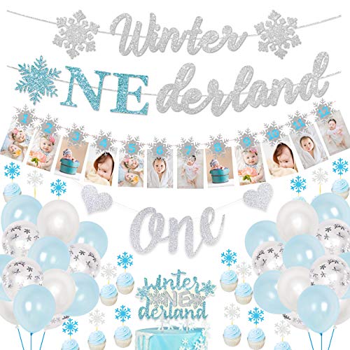 Blue and Silver 1st Birthday Decorations for Boys Frozen Themed Birthday Party Supplies with Snowflake Photo Banner Winter Onederland Banner Cake Topper Winter Onederland Birthday Decor