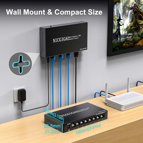 Image of 8 Port 2.5Gb Unmanaged Ethernet Switch with 8* 2.5Gbps Base-T Ports. NICGIGA 8 Port 2.5G Network Switch for 2.5Gbps NAS /PC, WiFi6 Router, Wireless AP. Fanless Design.
