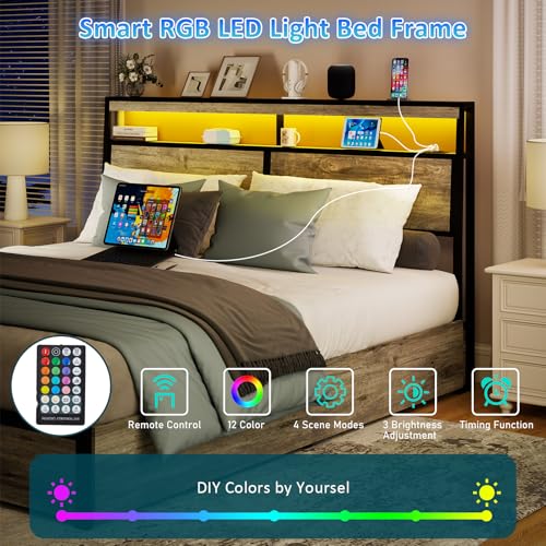 Image of SADENICEL King Size Bed Frame with 4 Storage Drawers, King Bed Frame, Grey | LED Light, Charging Station, Wood Headboard, Metal Platform, No Box Spring Needed, Noise Free, Easy Assembly