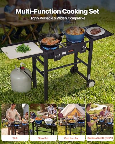 Image of VEVOR 2 Burner Outdoor Propane Gas Stove, 150,000 BTU Propane LPG Gas Camping Stove, Foldable Heavy-duty Carbon Steel Outdoor Cooker, with Wheels & Shield & 20 PSI Regulator, for BBQ Camp Home Patio