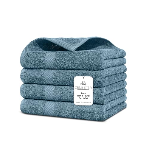 Image of Cotton Hand Towels Set of 4, 16 x 28, Oeko-TEX Certified, Quick Dry, Blue