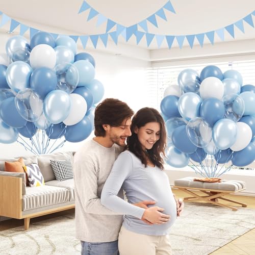 Image of 60pcs Dusty Blue Balloons 12inch with Clear Pastel Pearl Blue and White Balloons for Wedding Bridal Baby Shower Shower Birthday Party Decorations